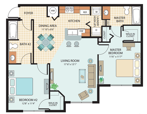 Floor plan for 2 beds, 2 baths, 971 sqft